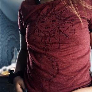 a Burgundy t-shirt